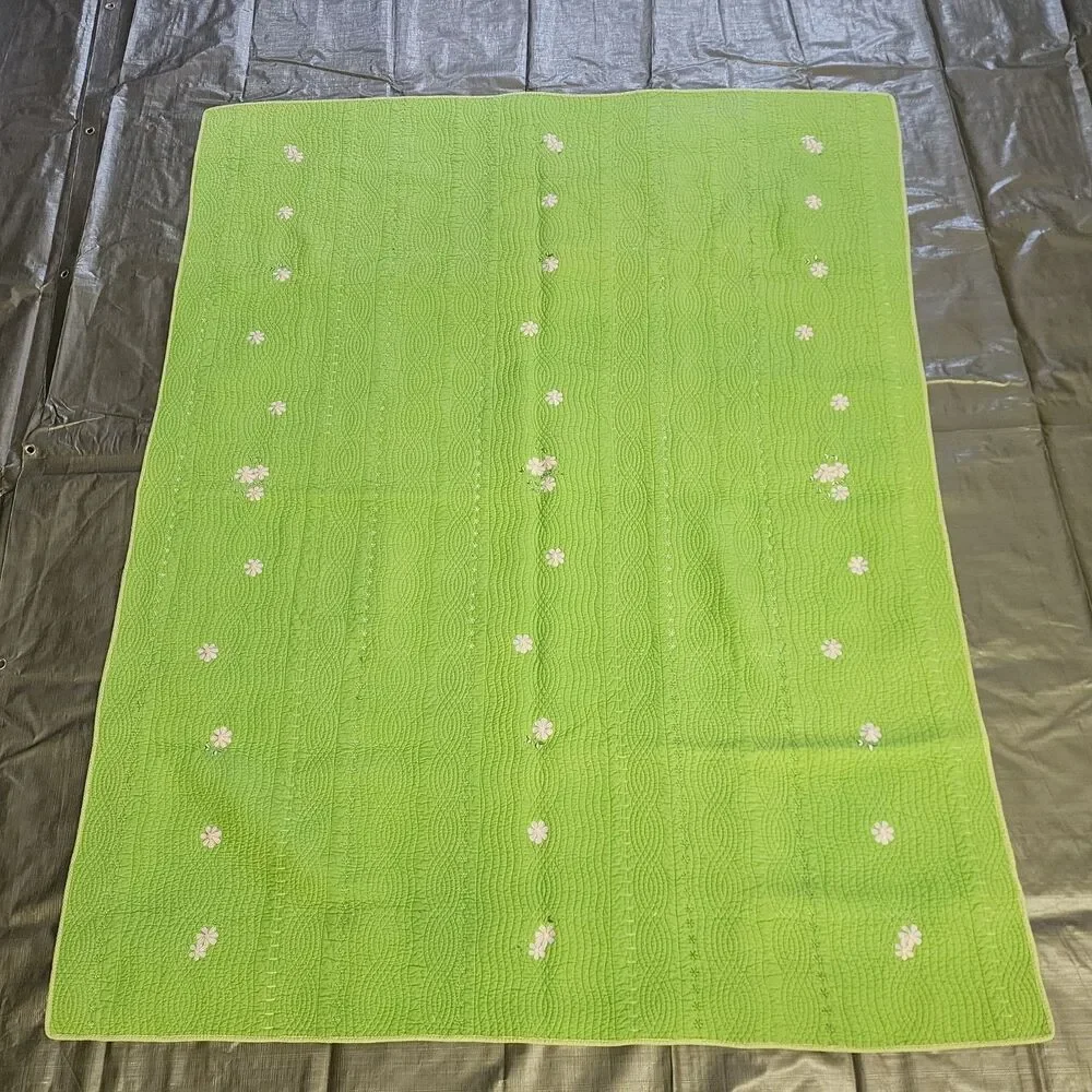 Lime Green Pink Floral Twin Size Quilt 100% Cotton Bedspread Striped Embroidered